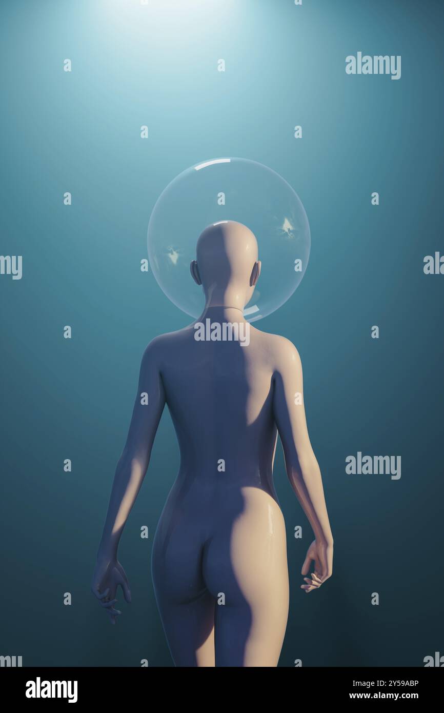 3D illustration d'une femme humanoïde marchant dans l'espace avec un dôme en verre sur sa tête. Elle a une peau brillante et marche vers la lumière dans l'inconnu Banque D'Images