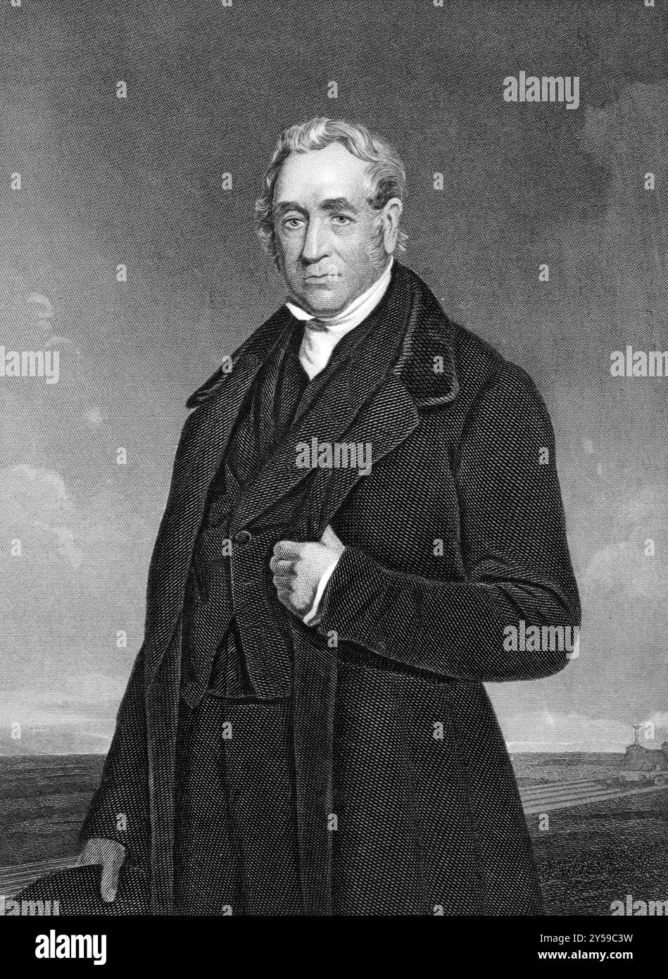 George Stephenson (1781-1848) sur gravure de 1873. Ingénieur civil anglais et ingénieur mécanique qui a construit le premier lin public de chemin de fer interurbain Banque D'Images