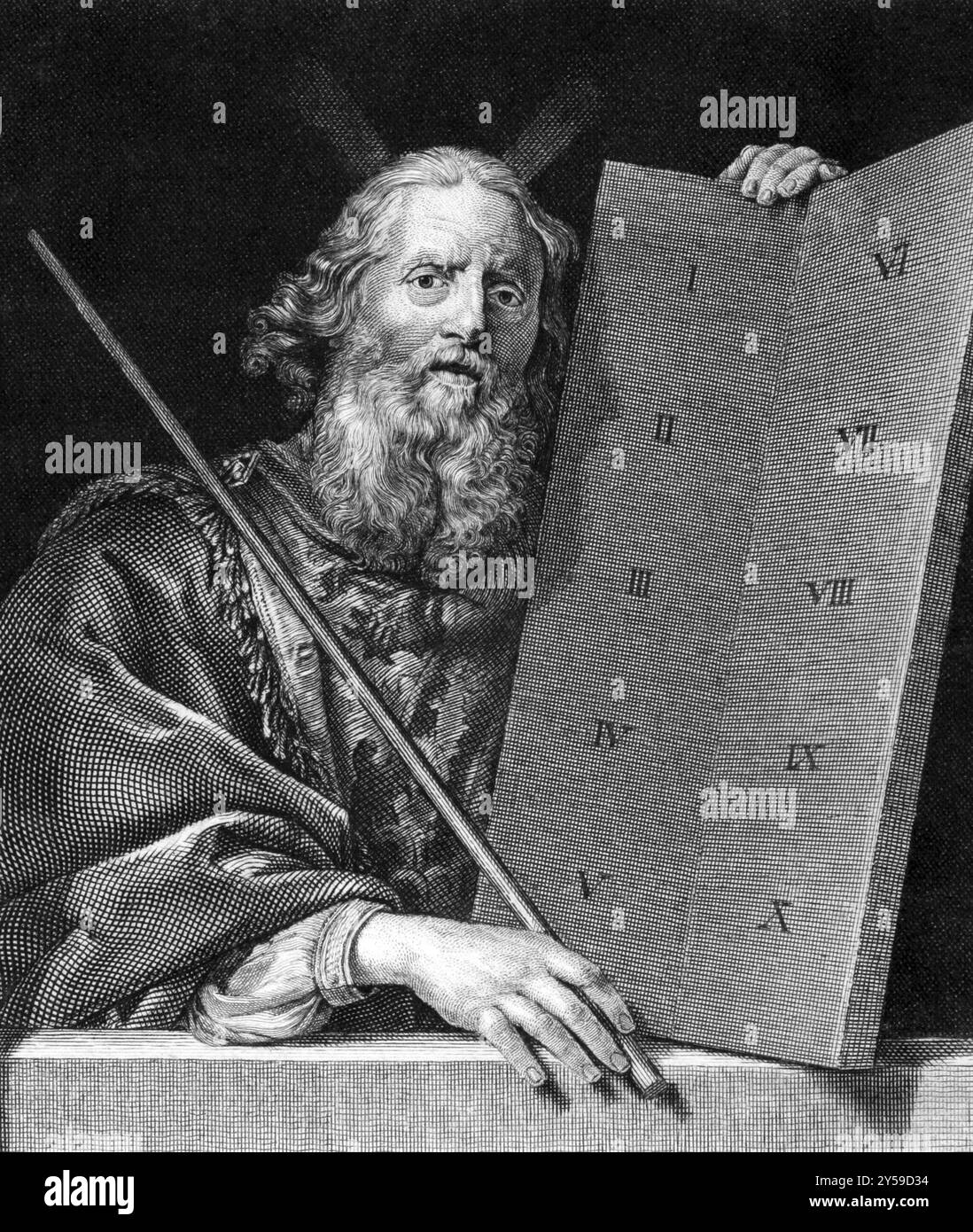 Moïse avec les tablettes des dix Commandements sur gravure de 1859. Gravé par un artiste inconnu et publié dans Meyers Konversations-Lexikon, Germa Banque D'Images