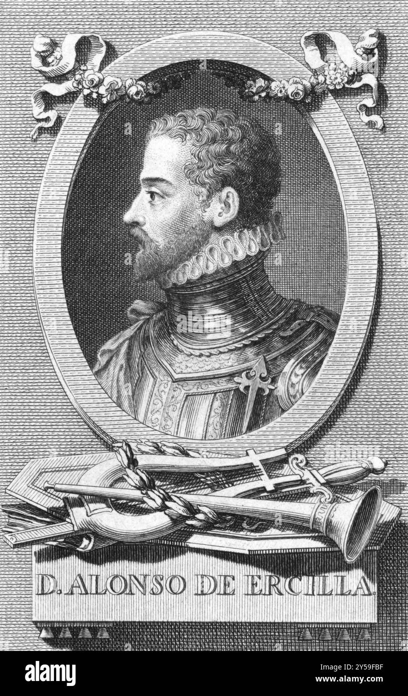 Alonso de Ercilla (1533-1594) sur gravure des années 1800 Noble espagnol, soldat et poète épique. Gravé par Carmona Banque D'Images