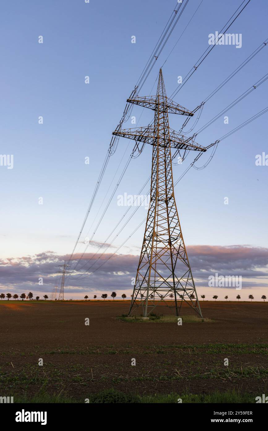 Lignes électriques mâts en treillis transmission de puissance au coucher du soleil Banque D'Images