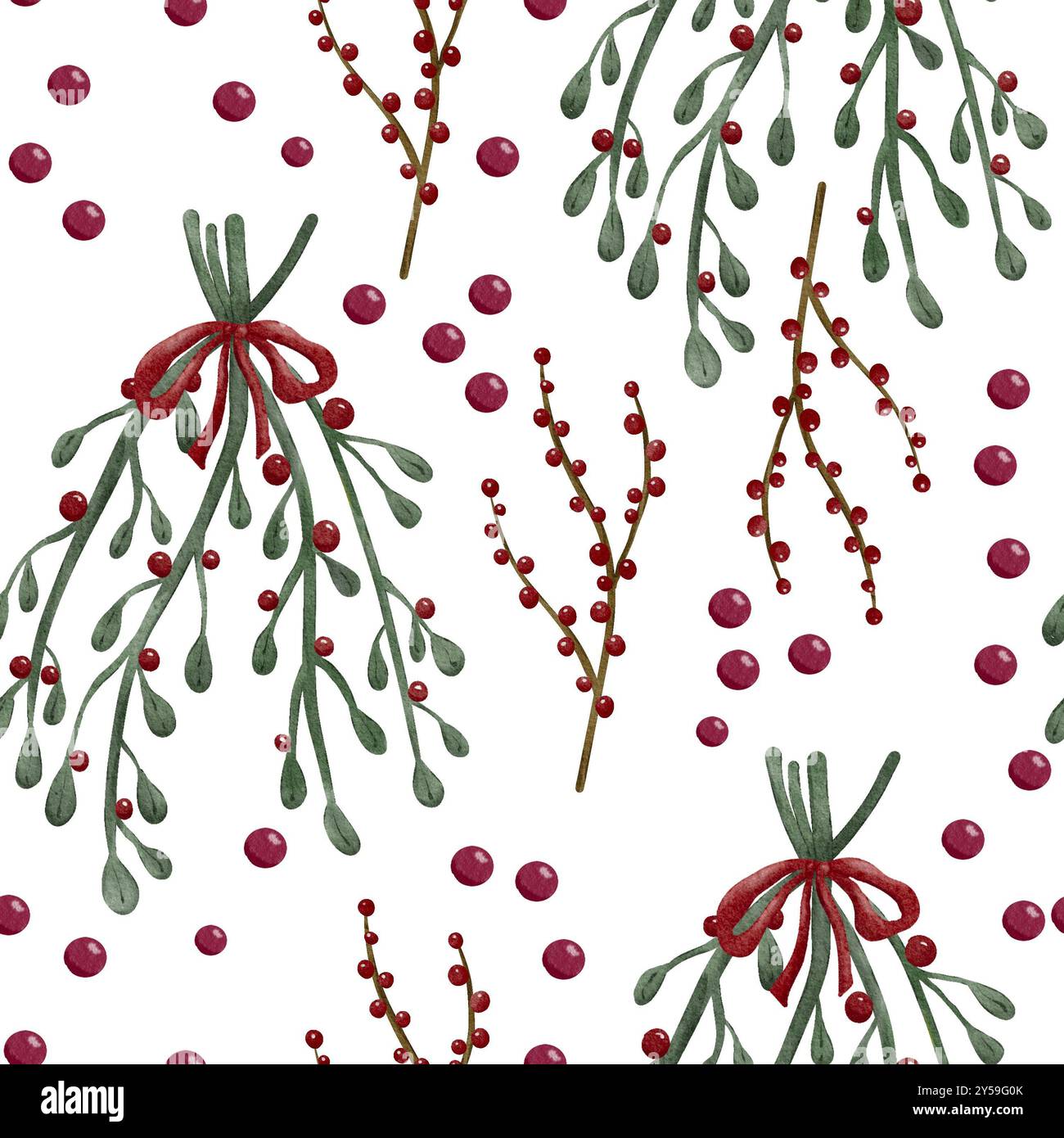 Mistletoes et baies décoration florale de Noël peinture aquarelle, illustration de conception de modèle sans couture sur fond blanc Banque D'Images