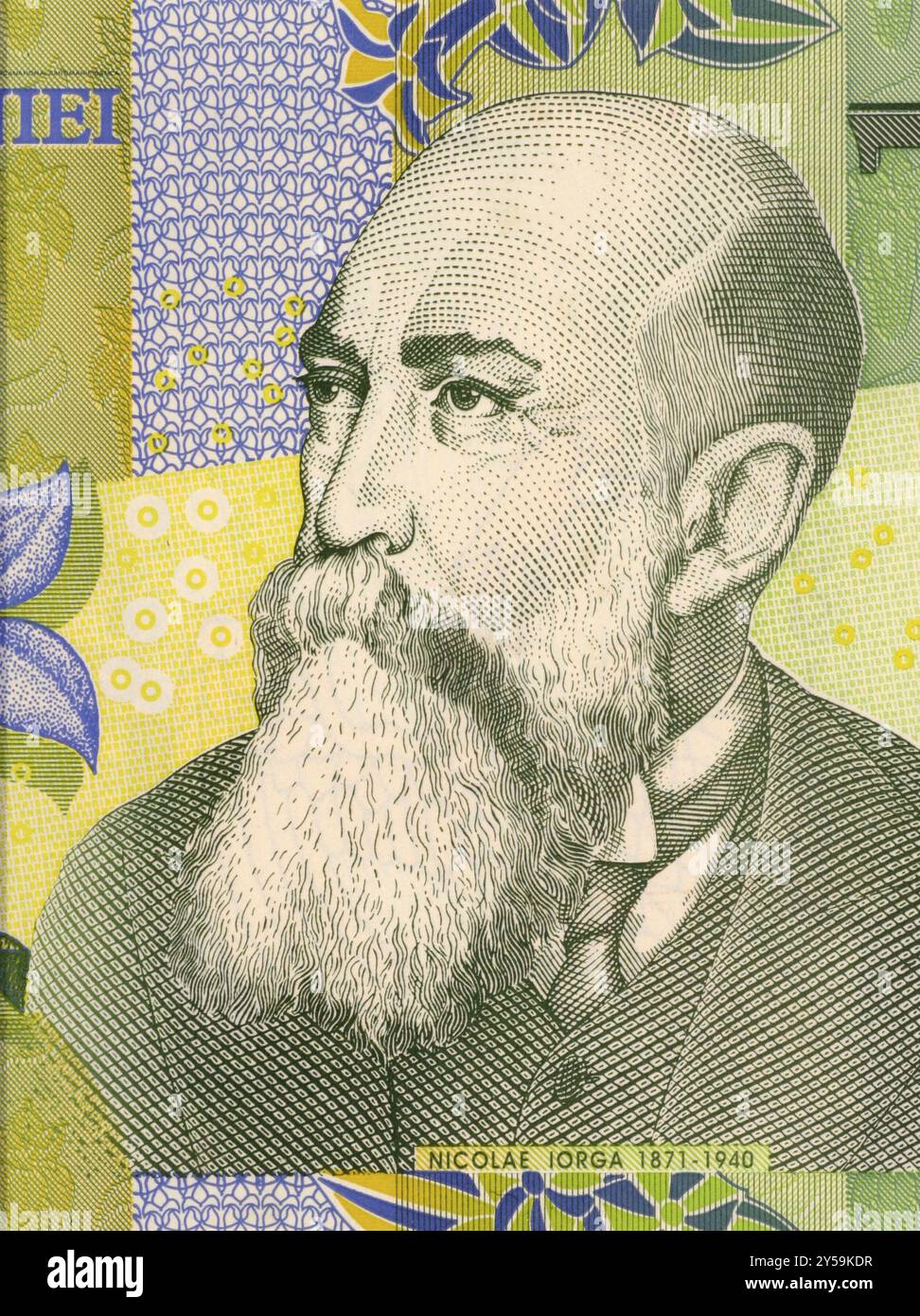 Nicolae Iorga sur 1 billet de 2005 Leu de Roumanie. Historien, poète, dramaturge, mémorialiste, professeur d'université, et politicien Banque D'Images