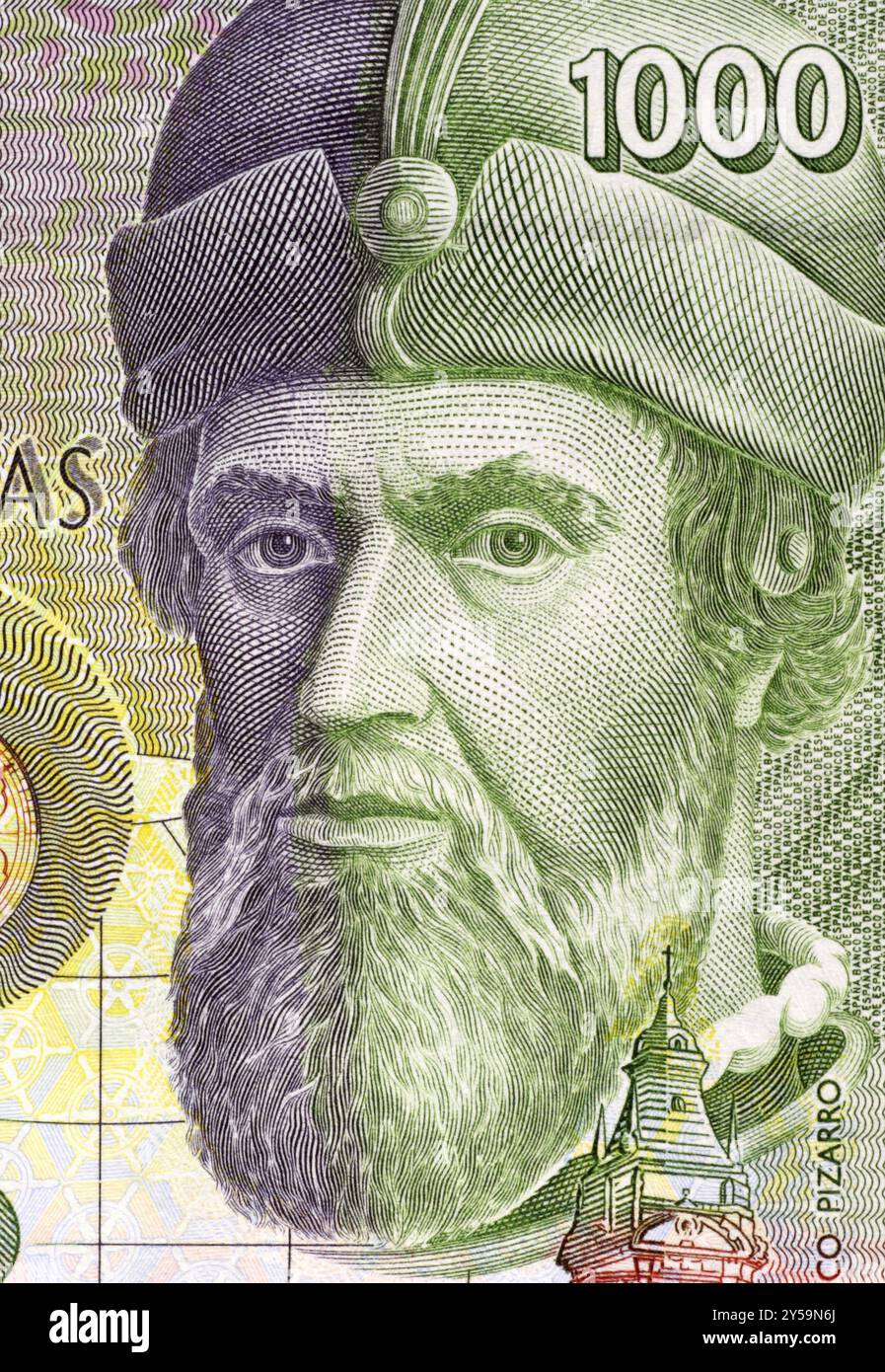 Francisco Pizarro (1471/1476-1541) sur billet de 1000 pesetas 1992 de l'Espagne. Conquistador espagnol Banque D'Images