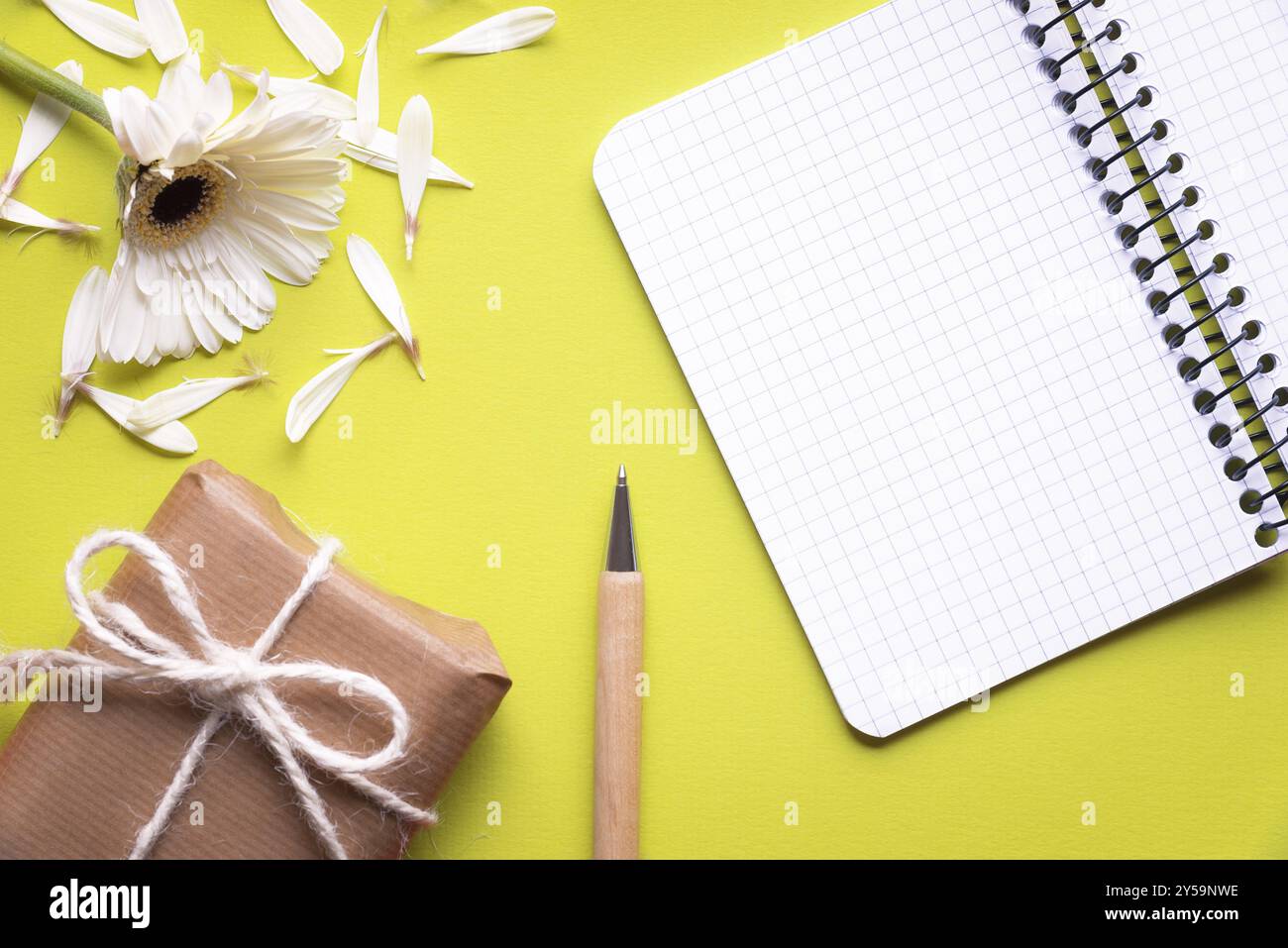 Cahier de mathématiques à spirale vierge entouré d'un stylo, d'une fleur blanche déchirée et d'une boîte cadeau enveloppée dans du papier brun et attachée avec une ficelle de lin et un noeud, sur le cri Banque D'Images