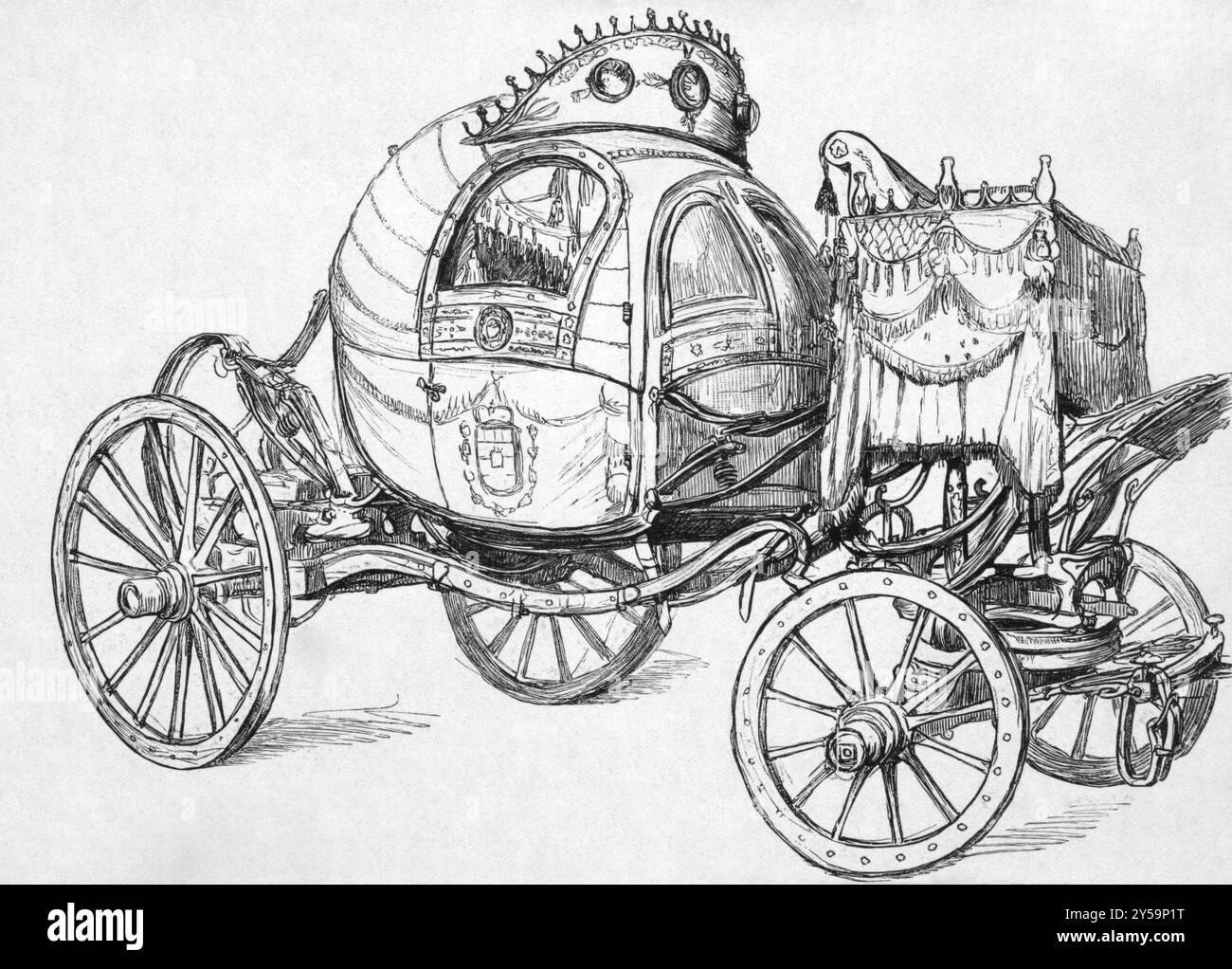 Chariot de la tête de la mort sur gravure des années 1800 Il a été construit par ordre du duc août de Saxe-Cobourg et Altenbourg (1804-1822). Publié Banque D'Images