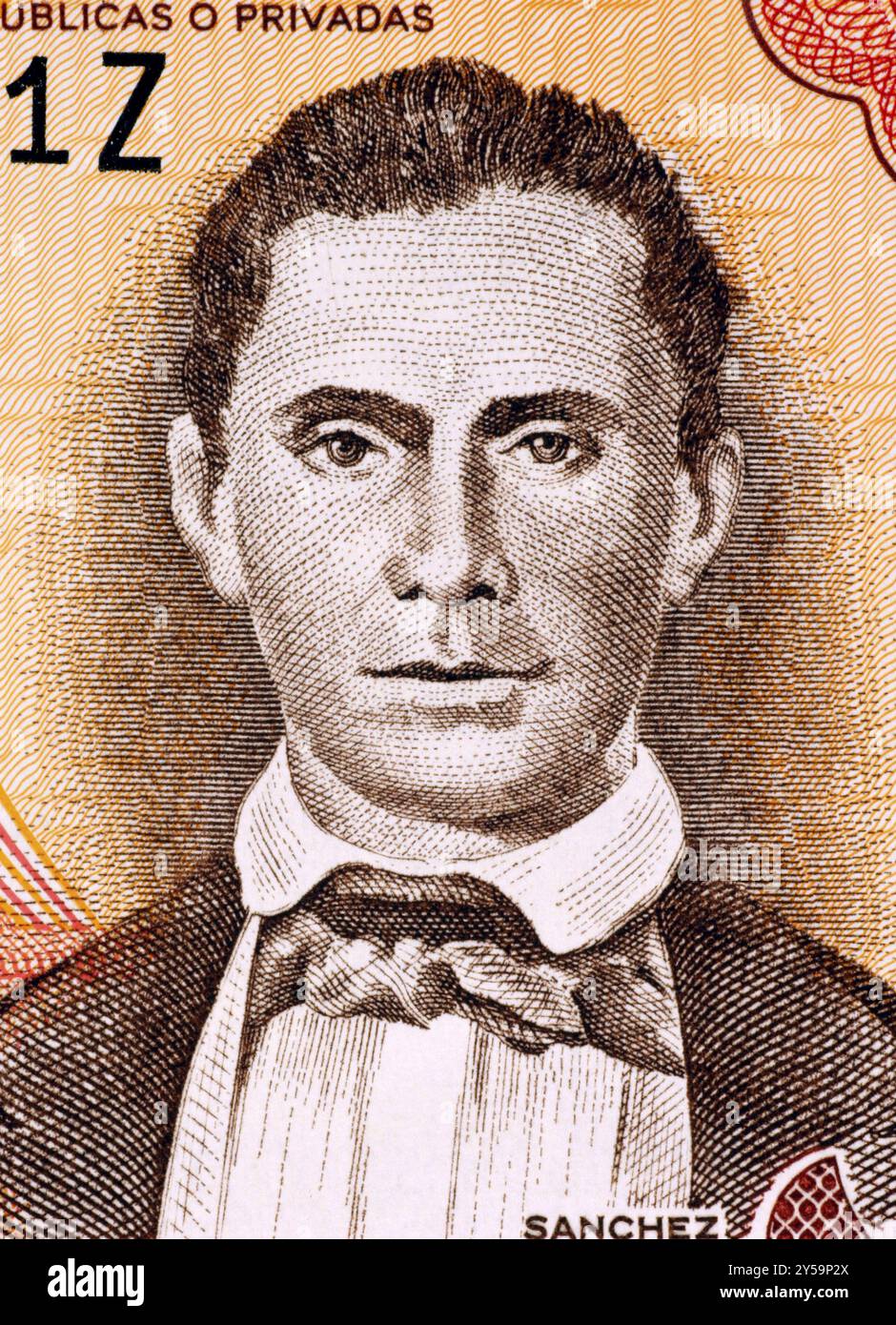 Jorge Noceda Sanchez (1931-1987) sur un billet de 5 Pesos Oro 1997 de la République Dominicaine. Peintre dont les œuvres sont rassemblées par les musées tout au long du WOR Banque D'Images