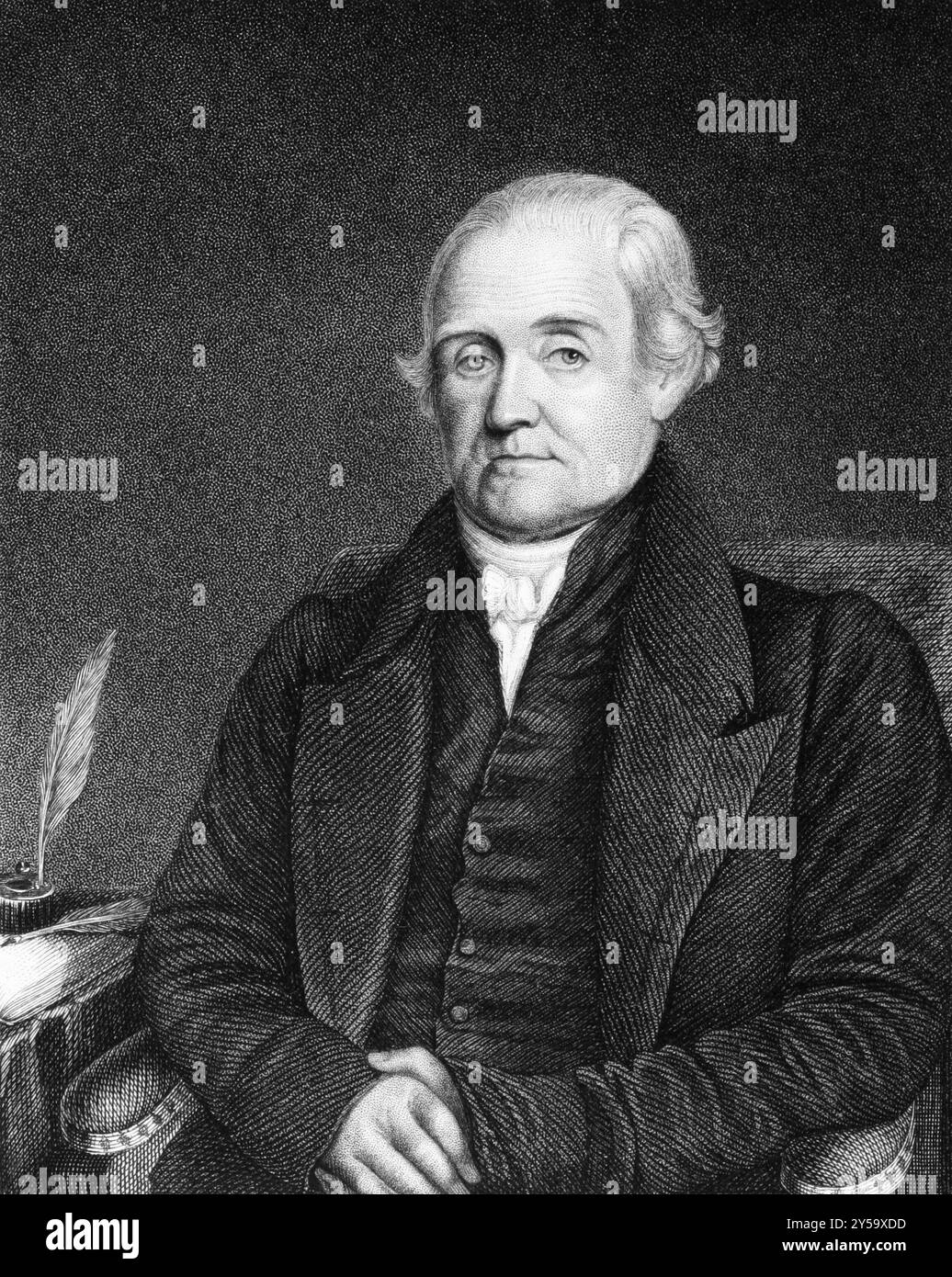 Noah Webster (1758-1843) sur gravure de 1835. Lexicographe américain, pionnier des manuels scolaires, réformateur d'orthographe, écrivain politique, éditeur et prolifique au Banque D'Images