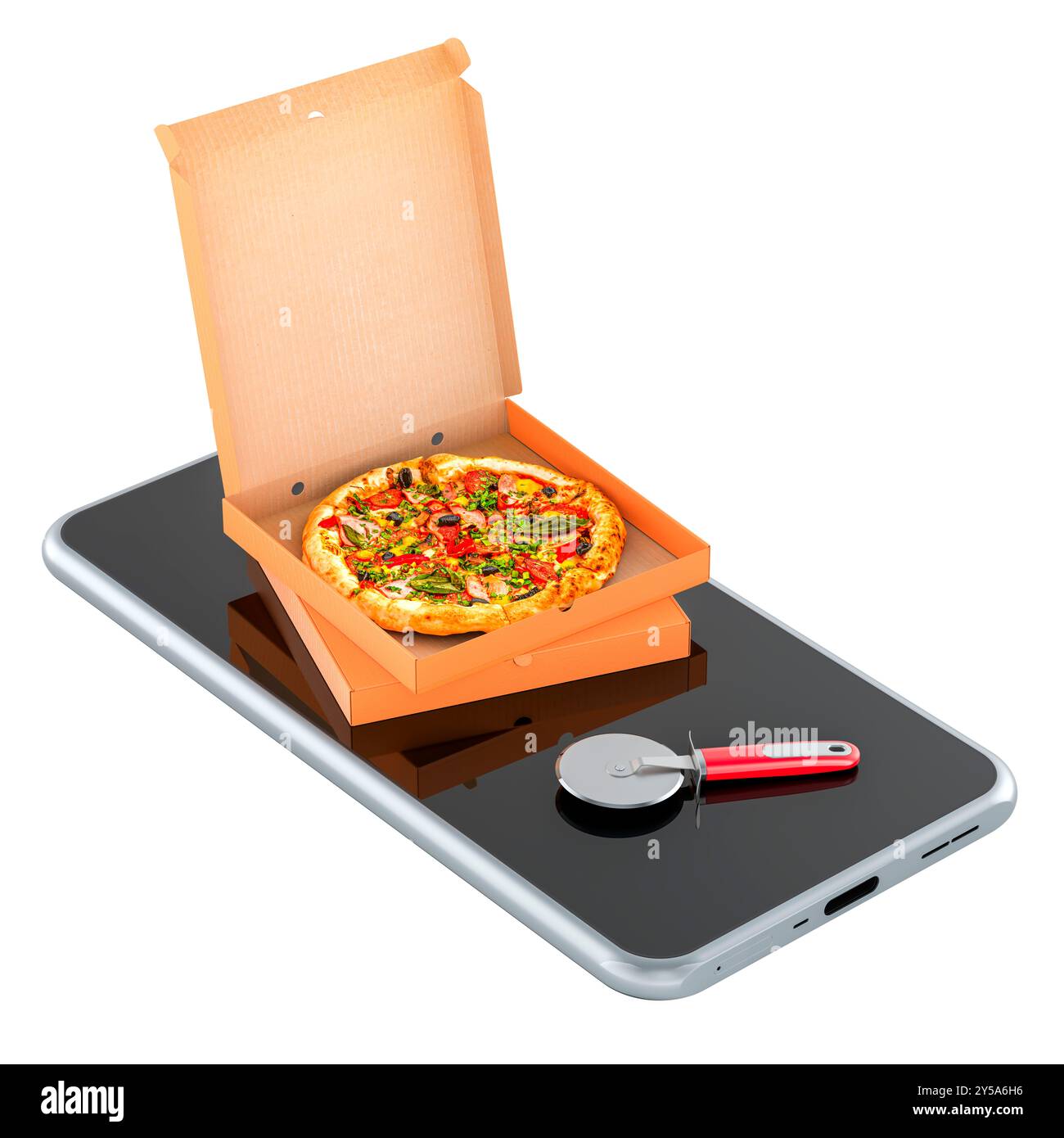 Boîtes à pizza et coupe-pizza sur smartphone. Commandez une pizza en ligne, concept. Rendu 3D isolé sur fond blanc Banque D'Images