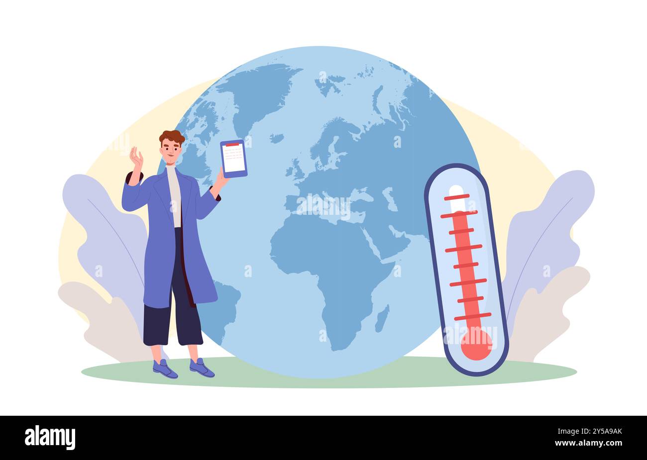 Homme avec le réchauffement climatique. Le jeune homme se tient près de la planète avec un thermomètre. ECO activiste lutte contre le changement climatique. Se soucier de l'écologie, de la nature et Illustration de Vecteur