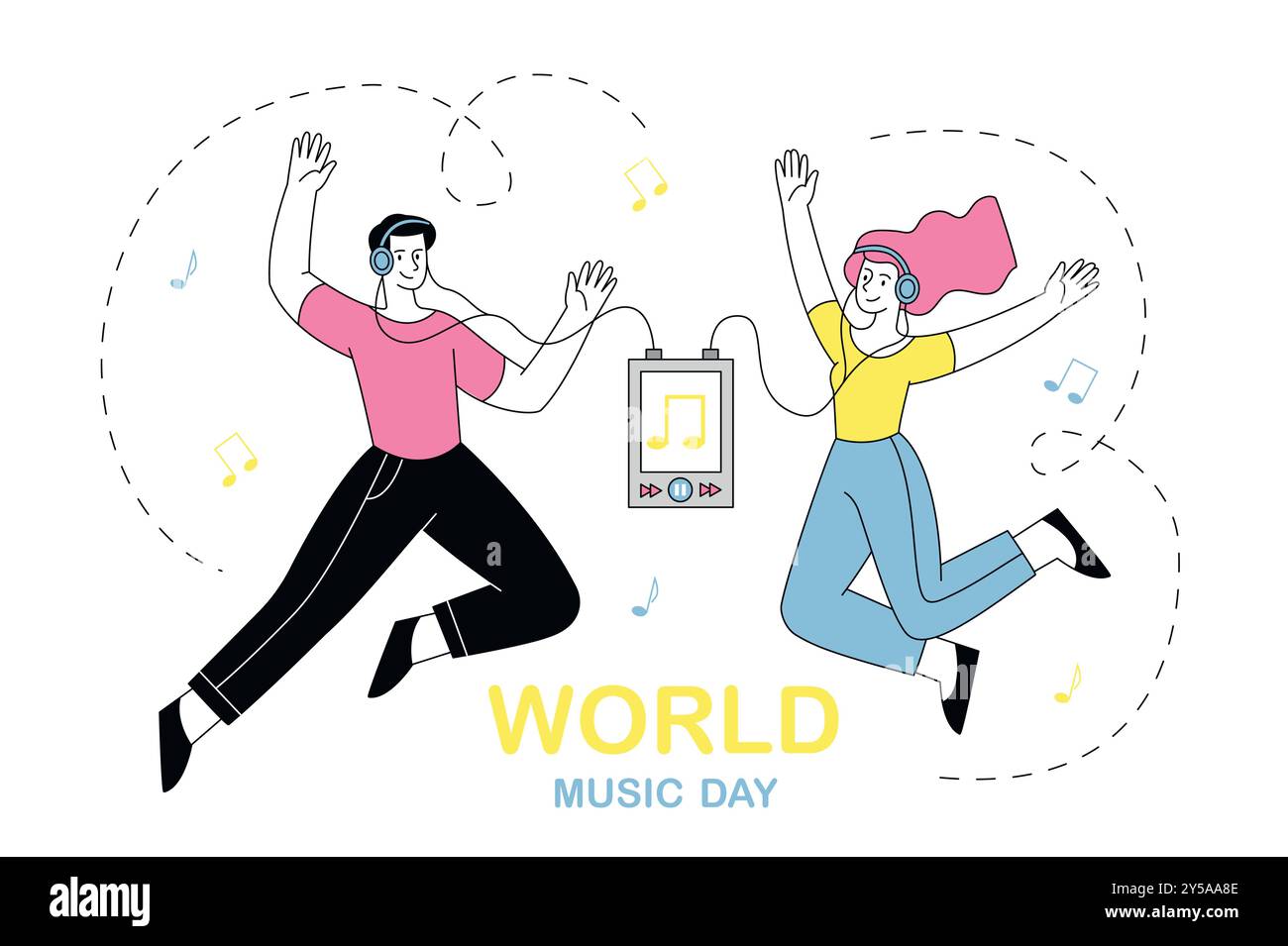 Journée mondiale de la musique. Homme et femme dans des écouteurs écoutant de la musique sur le lecteur. Chansons et listes de lecture préférées. Fête internationale et festival 21 juin Illustration de Vecteur