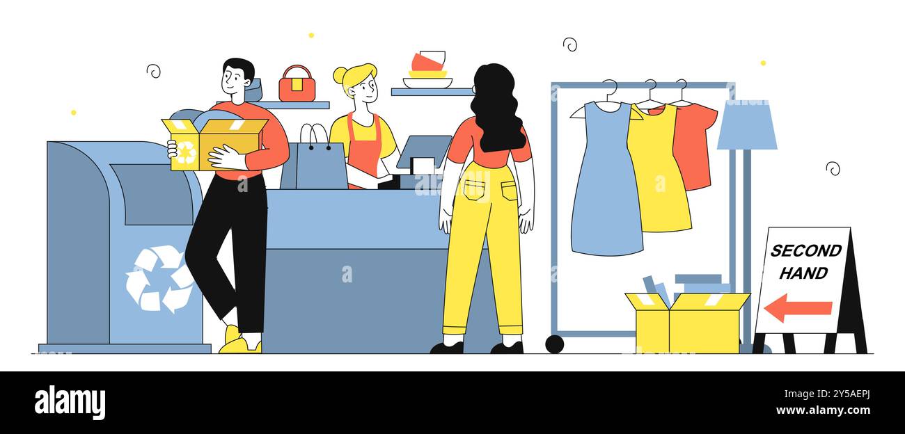 Atelier de recyclage de vêtements. L'homme et la femme achètent des choses à la mode au magasin d'occasion. Prendre soin de la nature et de l'environnement. Acheter des vêtements fabriqués à partir de Illustration de Vecteur