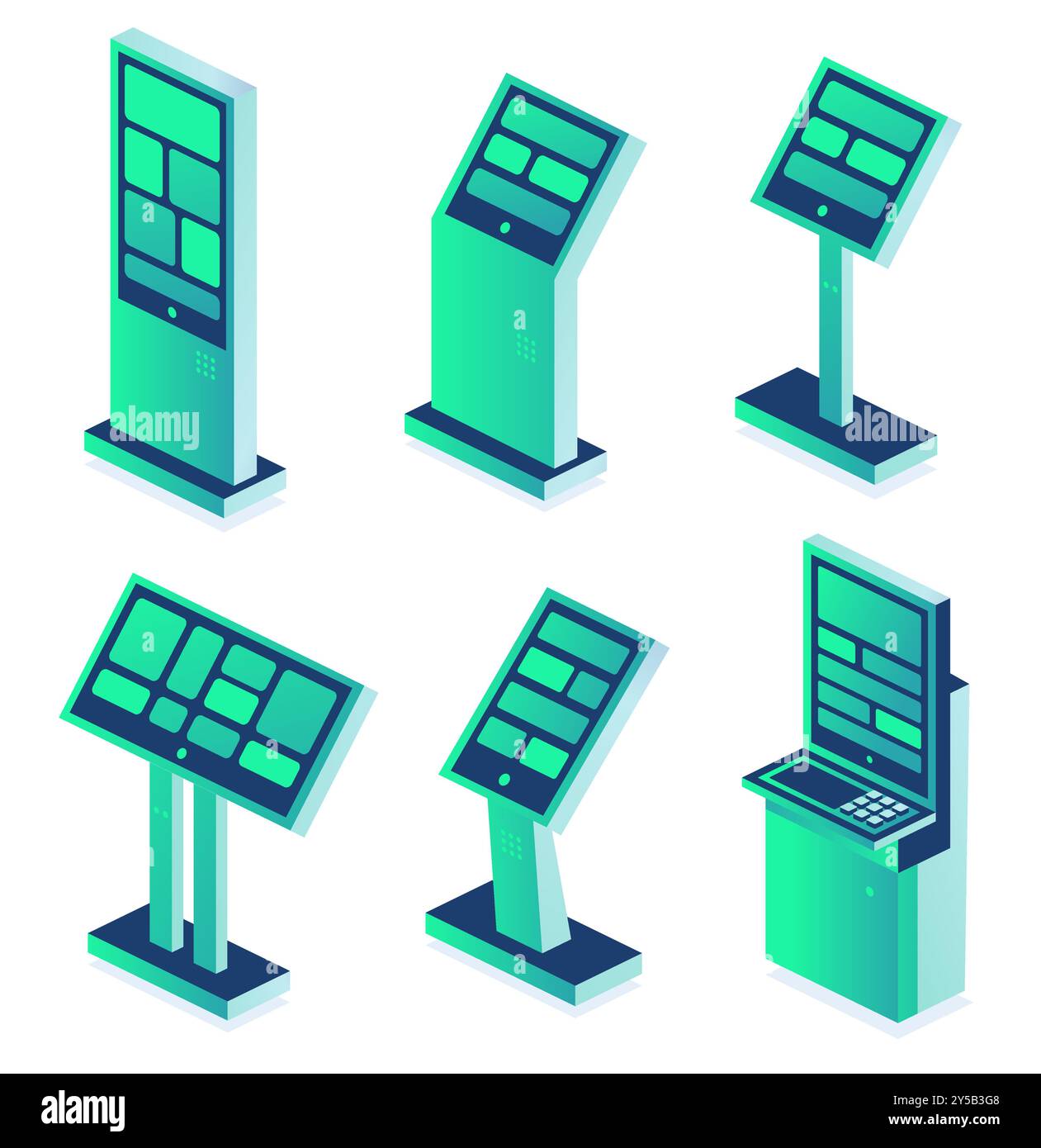 Collection de terminaux interactifs isométriques de métro ou de gare isolé sur fond blanc. Fournir des informations aux passagers sur la récupération de billets Illustration de Vecteur