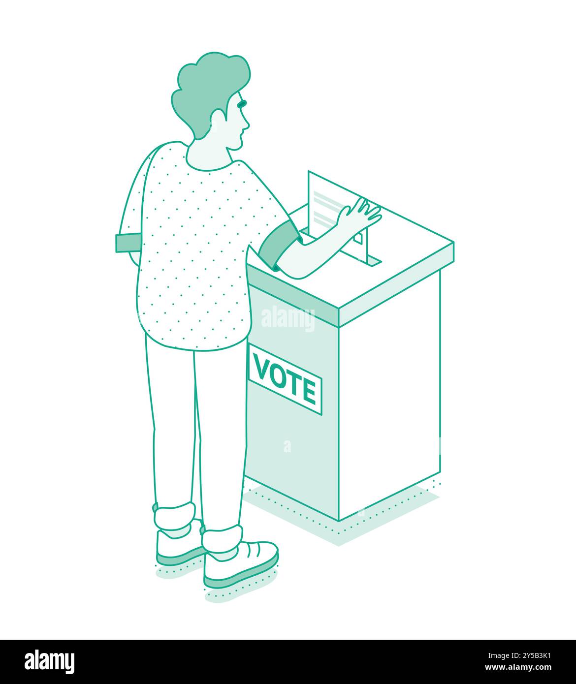 Bannière de l'élection présidentielle. Un jeune homme dépose un bulletin de vote dans une urne d'un bureau de vote. Concept de contour isométrique. Illustration vectorielle. vo. Mâle Illustration de Vecteur