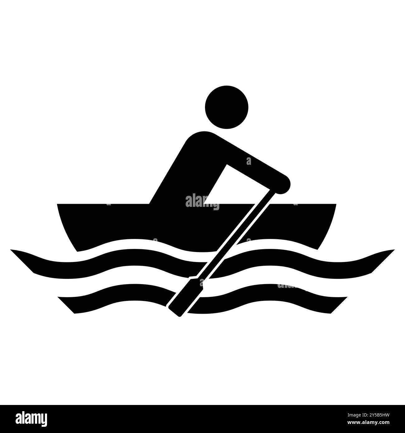 Une illustration simple de la silhouette d'une personne ramant un bateau sur les vagues d'eau, parfait pour représenter les sports aquatiques et les activités de plein air. Illustration de Vecteur