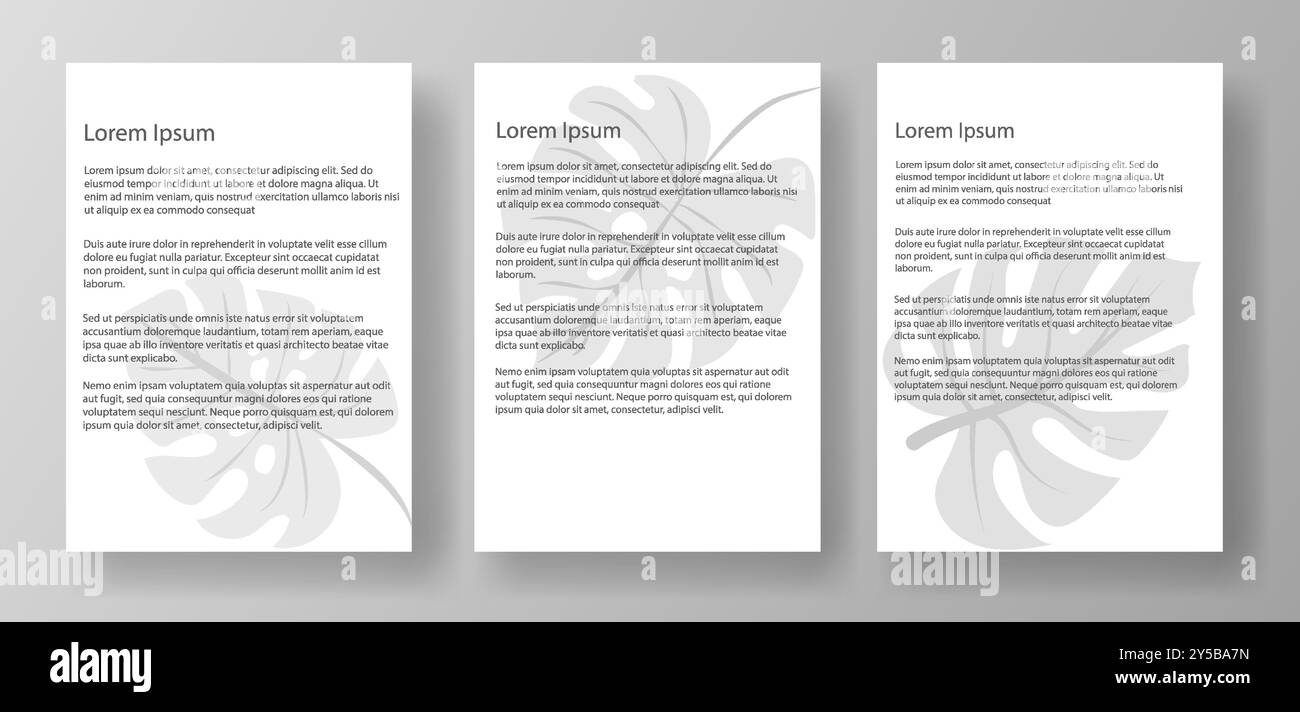 Trois modèles de maquette de lettre A4 avec texte lorem ipsum et filigrane floral. Les documents sont affichés sur un fond gris clair. Concept de Illustration de Vecteur