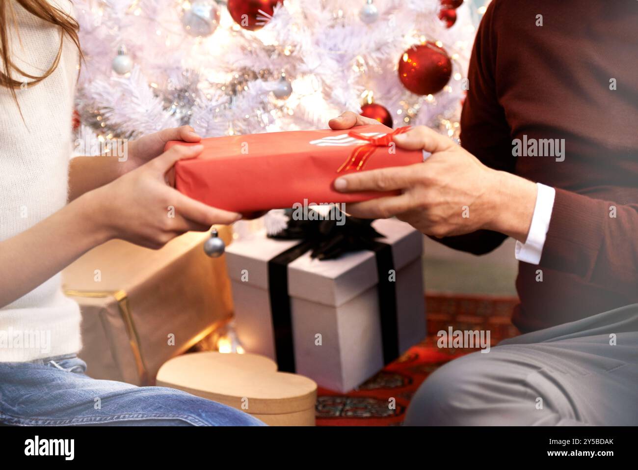 Mains, cadeau de Noël et femme avec père pour la célébration festive ensemble à la maison de famille. Surprise, donnant et personne féminine avec boîte cadeau de Noël Banque D'Images