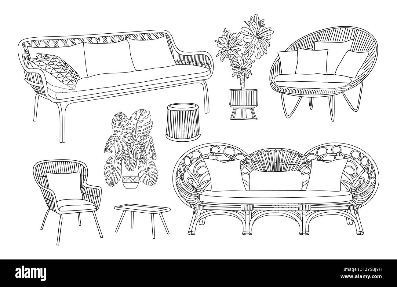 Ensemble d'élégants meubles de patio modernes isolés Illustration de Vecteur