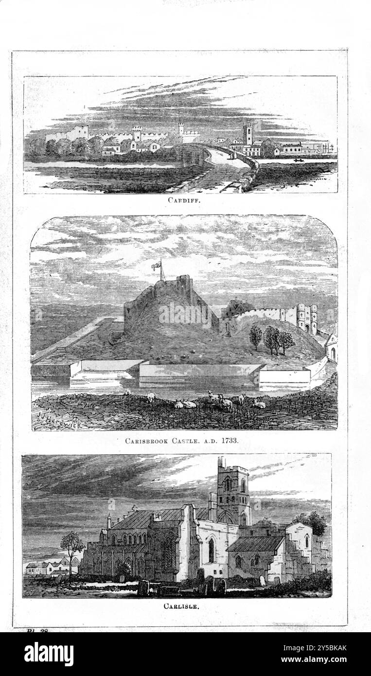 Planche 28 - Cardiff, Carisbrook Castle, Carlisle - BEETON'S DICTIONNAIRE DE GÉOGRAPHIE. A Universal Gazetteer, publié par London Ward, Lock et Tyler 1868 Banque D'Images