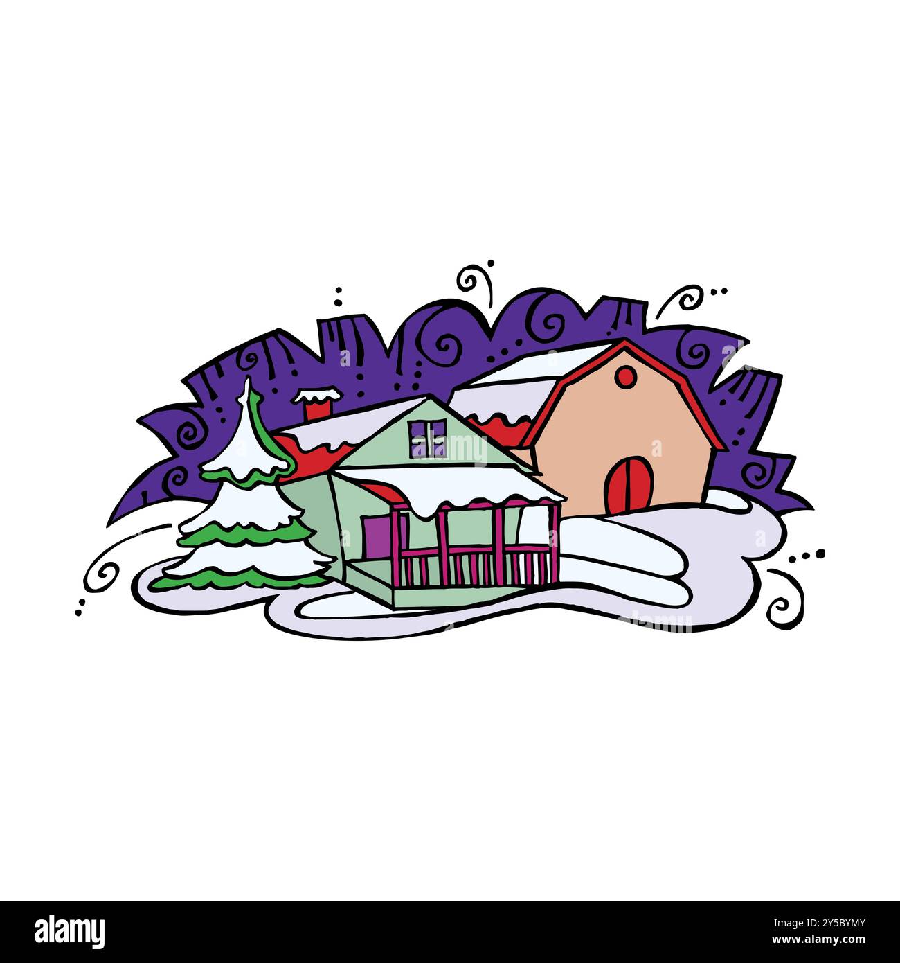 Paysage de campagne d'hiver avec grange de ferme, champ d'agriculture et maisons illustration de conception vectorielle Banque D'Images