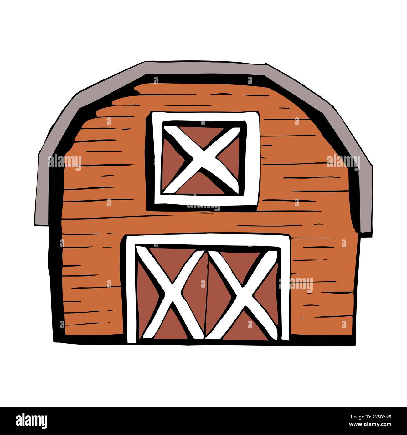 Extérieur du bâtiment de l'étable de grange de ferme avec illustration vectorielle plate de tracteur et de moulin à vent Banque D'Images