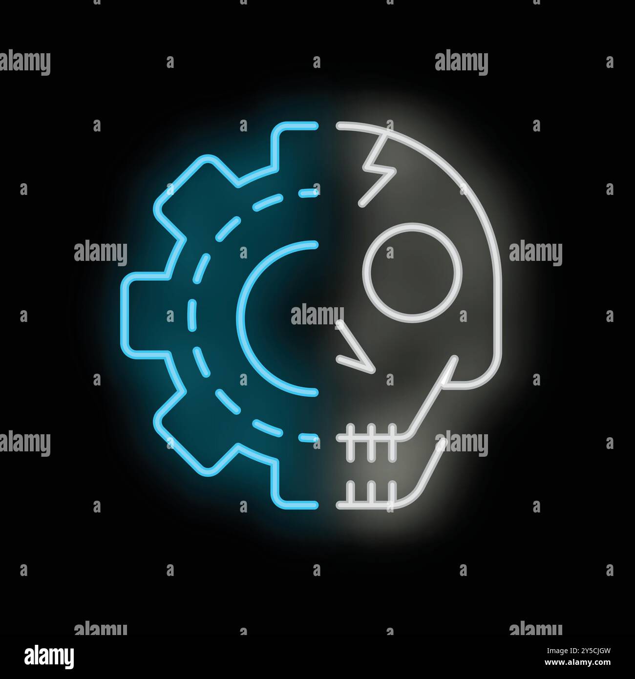 Icône de néon lumineux d'un équipement et d'un crâne représentant le danger de l'intelligence artificielle Illustration de Vecteur