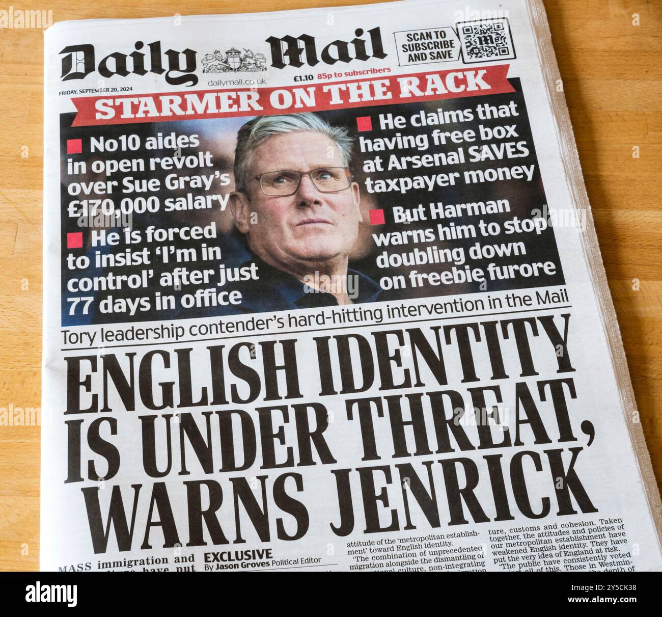 20 septembre 2024. Le titre du Daily mail est anglais L'identité est menacée, prévient Jenrichk. Banque D'Images