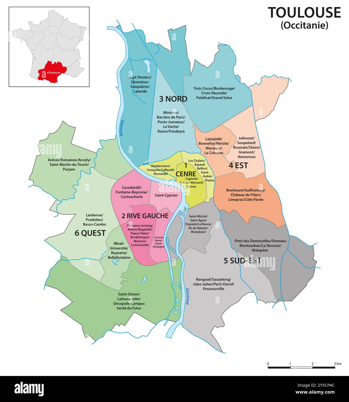 Carte vectorielle administrative de la ville de Toulouse dans le sud de la France Banque D'Images