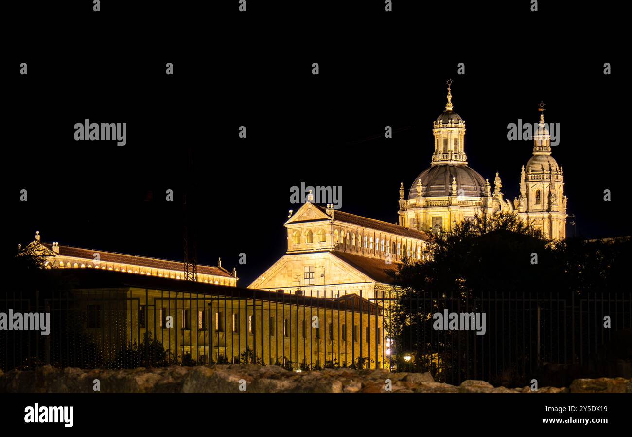 Clerecia de Salamanca de noche. La imagen resalta la majestuosidad de la arquitectura Gótica y plateresca en contraste con el entorno oscuro. España Banque D'Images