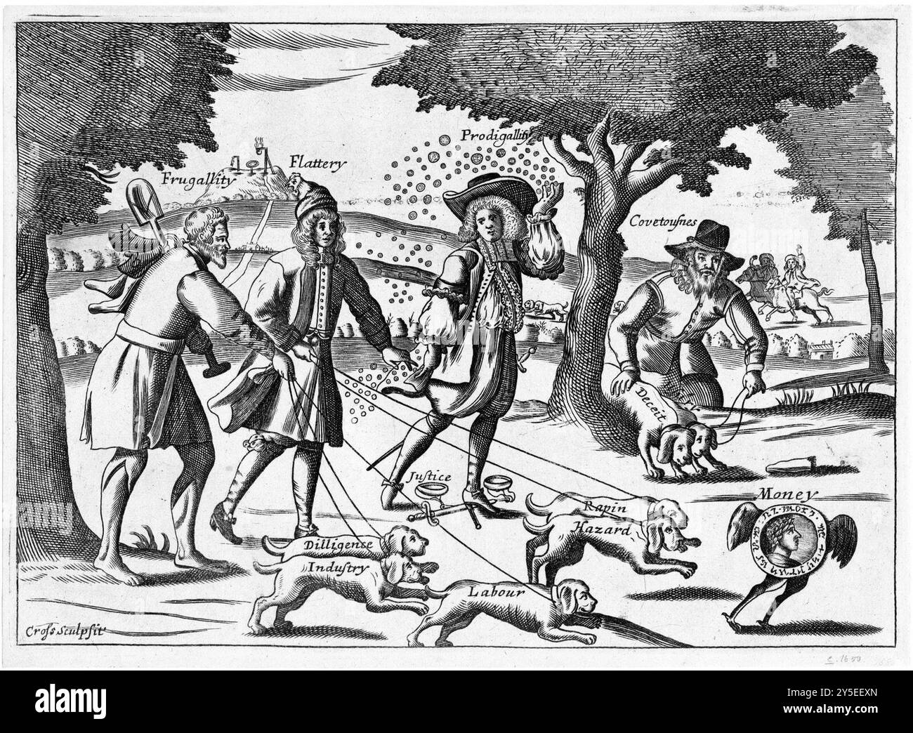 Satire sur la poursuite de l'argent ; une scène rurale avec quatre hommes étiquetés 'Frugallity', 'Flattery', 'Prodigality' et 'convoitise' qui poursuivent une pièce de monnaie avec les ailes et les pattes d'une volaille portant la tête d'un souverain classique ; Frugality est un compatriote qui, pour sauver l'usure, a enlevé ses chaussures et bas qu'il porte sur son épaule suspendu à sa bêche, il tient en laisse trois chiens étiquetés 'diligence', 'industrie' et 'Labour'; flatterie a deux chiens étiquetés 'Rapin' et 'Hazard' ; Prodigality, un jeune râteau extravagant drerssed, jette des pièces de monnaie dans l'air et pivote sur l'épée et s. Banque D'Images