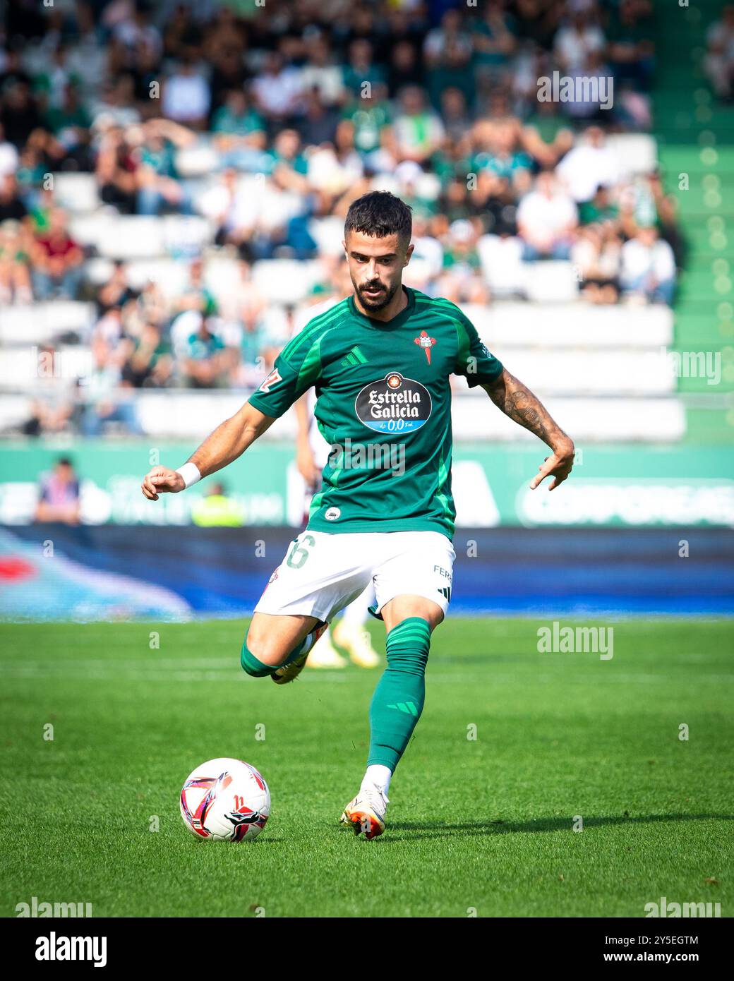 Ferrol, Espagne. 21 septembre 2024. Hypermotion League. Jour 6. Racing Club Ferrol vs Albacete Balompie. Un stade Malata. Alvaro Sanz pendant le match. Banque D'Images
