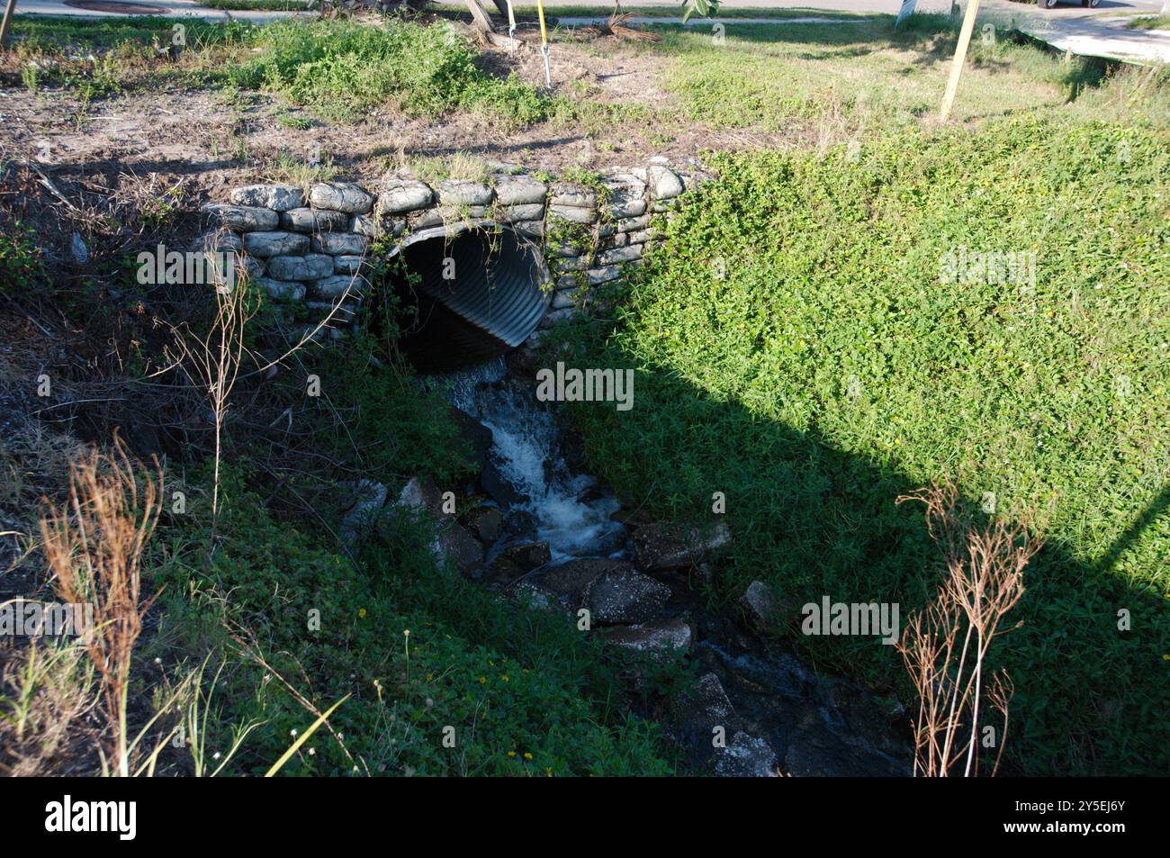 Vent soufflant l'herbe comme l'eau coule hors d'un tuyau de ponceau métallique avec de l'herbe verte sur les côtés dans un jet d'eau coulant un jour ensoleillé. Au-dessus des rochers Banque D'Images