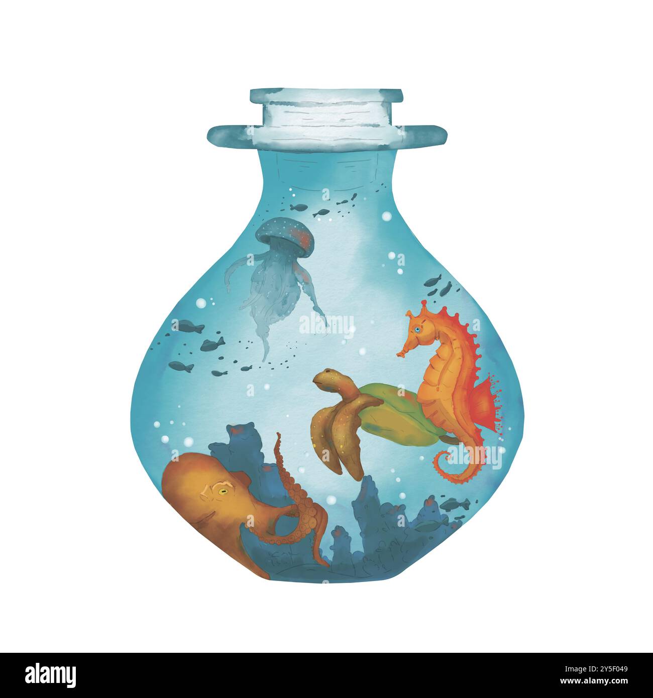 Pot avec océan à l'intérieur : paysage marin, méduses, tortue de mer, hippocampe, méduses, école de poissons et récifs couleur illustration aquarelle et numérique pour pri Banque D'Images
