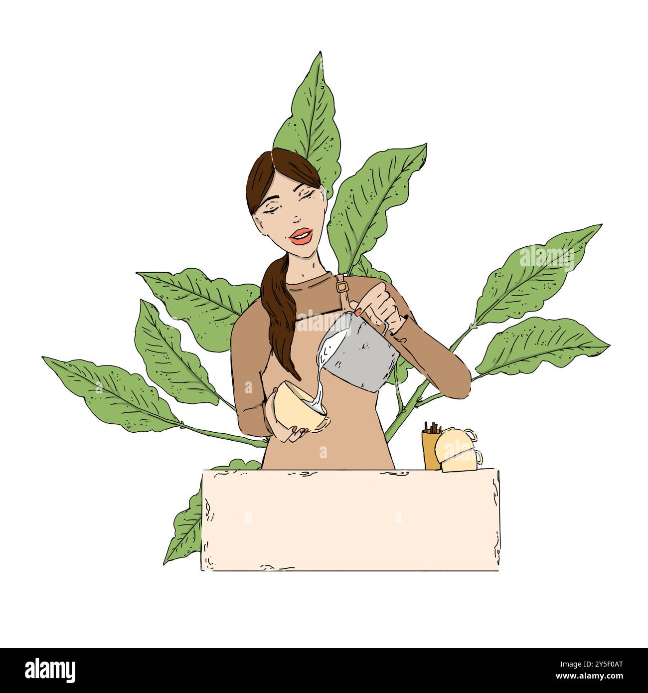 Fille barista fait du café au comptoir avec des feuilles de plante de café illustration de couleur de composition numérique pour café, boulangerie et confiserie Banque D'Images