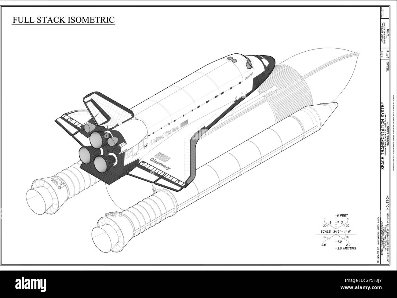 Vue isométrique complète de l'assemblage de la pile de lancement de la navette spatiale - système de transport spatial, Centre spatial Lyndon B. Johnson, 2101 NASA Parkway, Houst Illustration de Vecteur