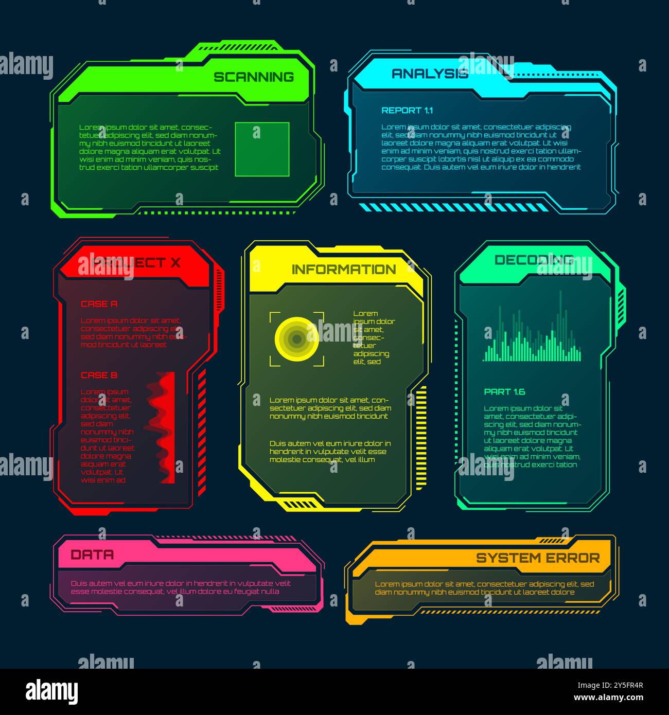Éléments HUD ou UI futuristes. Zones de texte et légendes de l'interface utilisateur SCI-fi. Cadre de message d'avertissement coloré, modèle de boîtes d'information. Jeu moderne Illustration de Vecteur