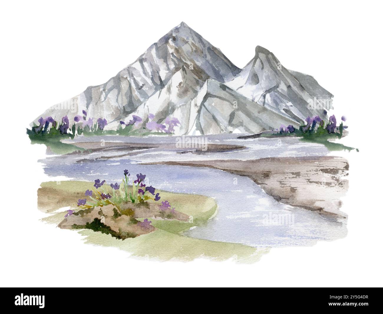 Paysage de paysage de chaînes de montagnes sommets enneigés, champs de lac de rivière prairie fleurs de marais alpin vista dessiné à la main à l'aquarelle. Illustration pour Banque D'Images