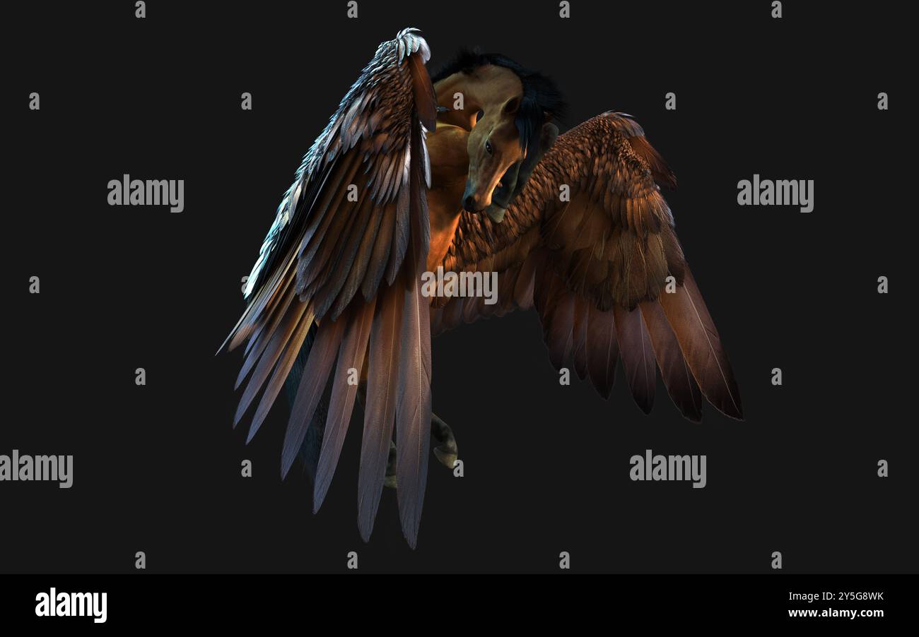 Illustration 3D d'un cheval de fantaisie isolé sur fond noir avec chemin de détourage. Banque D'Images