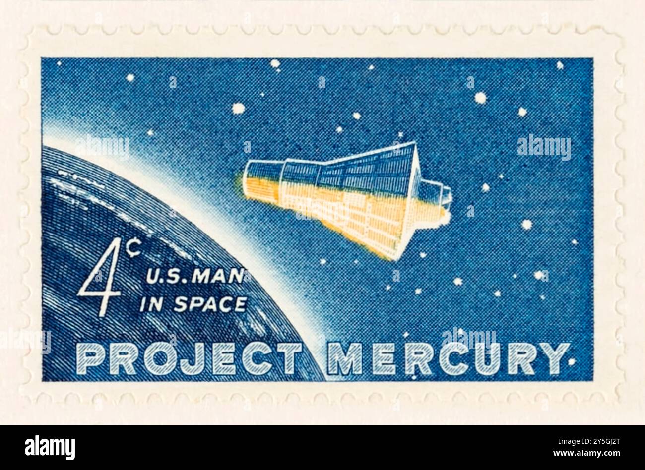 Timbre postal américain de 4 cents émis le 20 février 1962, commémorant le vol orbital historique de John Glenn dans la capsule Mercury Friendship 7 et conçu par Charles R. Chickering (1891-1970). Banque D'Images