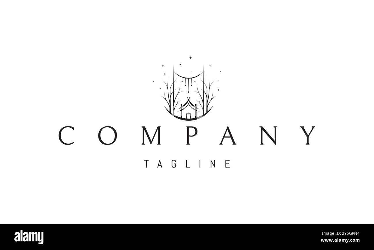 Logo vectoriel avec une image abstraite d'une cabane magique dans la forêt. Illustration de Vecteur