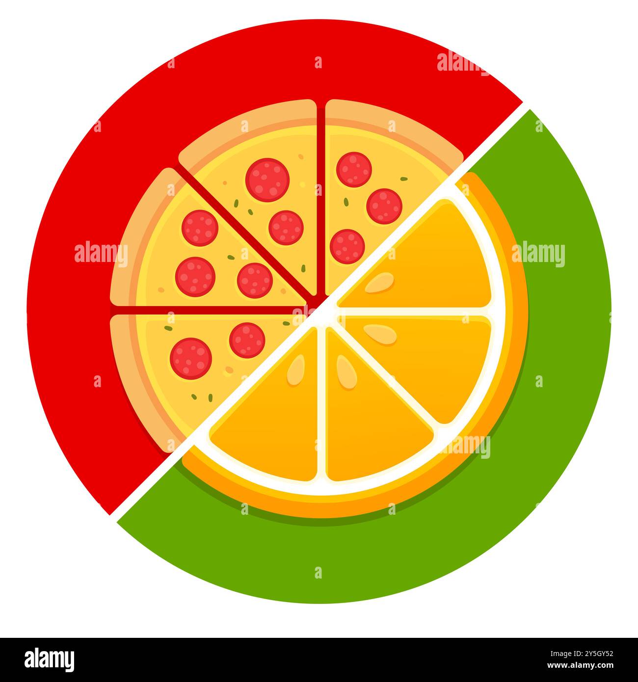 Pizza et demi-illustration orange. Cercle divisé en deux, fast food à gauche et fruits sains à droite. Choix alimentaire sain et malsain. Illustration de Vecteur