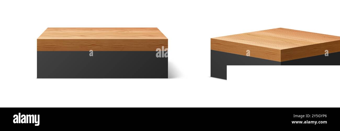 scène de podium noir 3d avec plaque de plancher en bois pour présenter des produits ou des présentations. Scènes modernes et élégantes de vecteur réalistes de formes rondes, carrées et hexagonales pour des événements promotionnels commerciaux Illustration de Vecteur