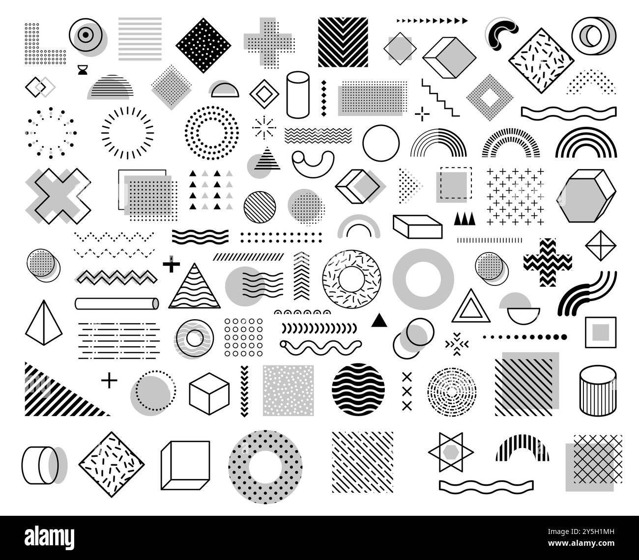 Formes géométriques monochromes de memphis. Ensemble vectoriel de cercles noirs et blancs, carrés, triangles et points, lignes, vagues, croix et cylindres avec pyramides. Éléments ou figures de style rétro abstrait des années 80 Illustration de Vecteur