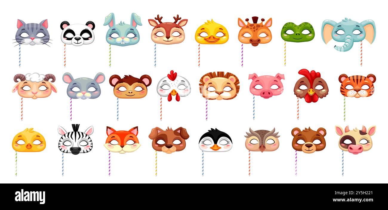 Masques d'animaux de fête de carnaval, costume d'enfants vecteur d'Halloween de chat, renard, panda et lapin. Visages d'animaux de bande dessinée sur des bâtons, pingouin mignon, ours, loup et chien, hibou, singe, souris, vache et cerf Illustration de Vecteur