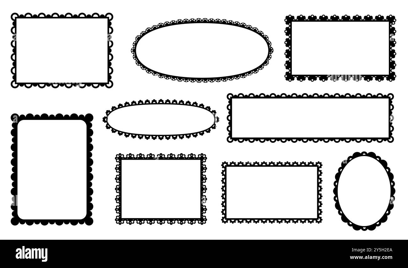 Cadres et séparateurs festonnés, bordures de dentelle de bord, rubans à volants avec motif d'ornement en tissu. Les formes rondes, ovales, carrées ou rectangulaires festonnées de vecteur avec des courbes élégantes noires présentent une complexité vintage Illustration de Vecteur