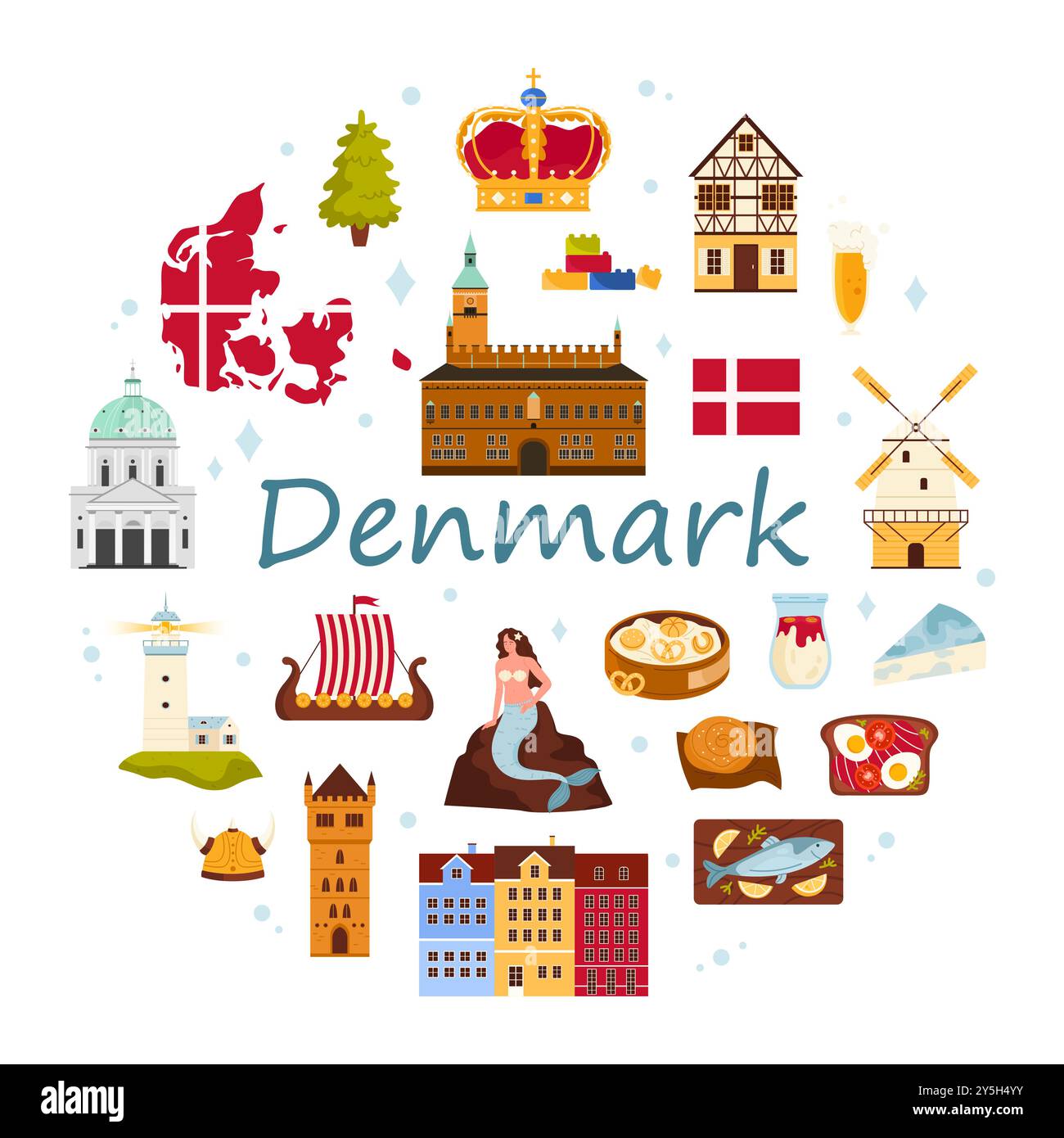 Voyage au Danemark bannière ronde ou conception d'affiche. Carte danoise avec motif de drapeau et symboles culturels célèbres du Danemark, couronne des rois et architecture du patrimoine, nourriture en cercle illustration vectorielle de dessin animé Illustration de Vecteur