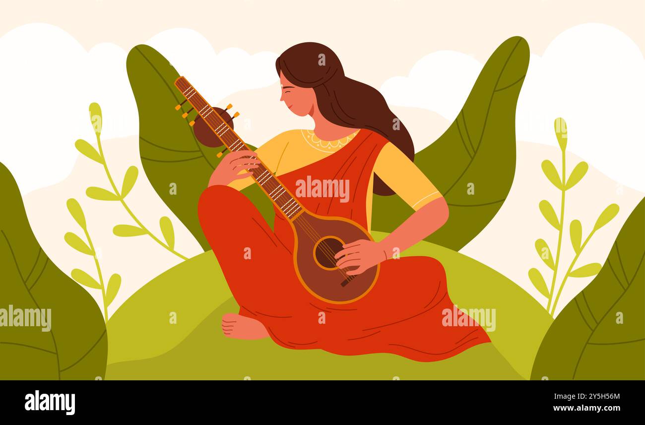 Femme indienne jouant la mélodie sur sitar. Jeune dame en saree rouge assise avec la guitare indienne traditionnelle à jouer, musicienne féminine avec l'instrument de musique classique de l'illustration vectorielle de dessin animé Inde Illustration de Vecteur