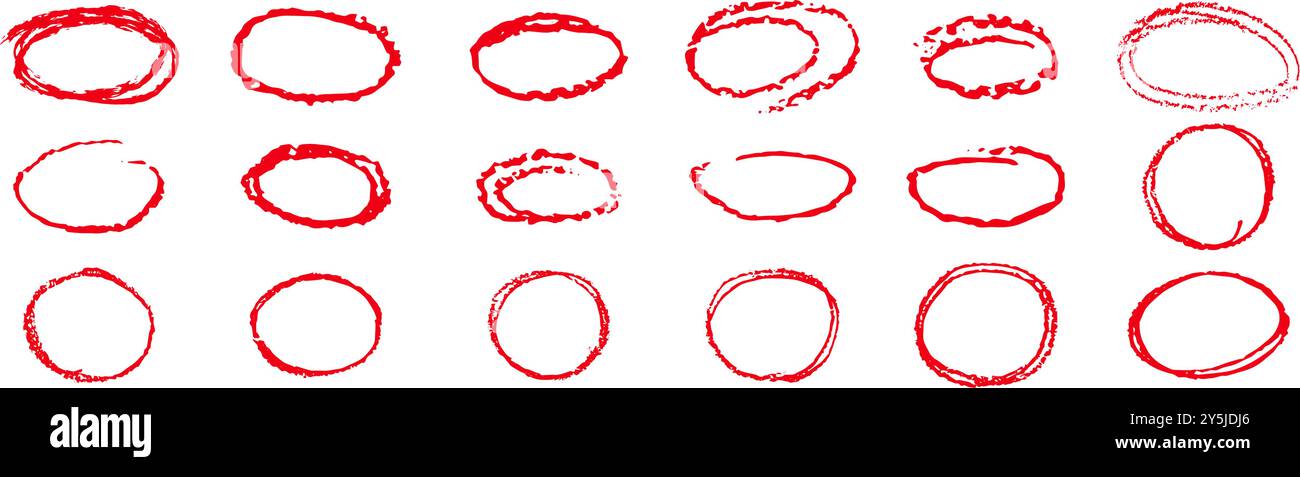 Crayon rouge met en évidence les cercles. Crayon ellipses manuscrites style doodle. Ronds rugueux cadres fins dessinés par les enfants. Collection vectorielle de ronde à main levée Illustration de Vecteur