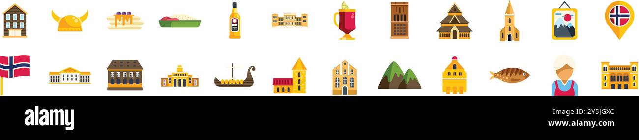 Cet ensemble d'icônes représente la norvège, montrant ses symboles traditionnels, ses monuments célèbres et sa nourriture délicieuse Illustration de Vecteur