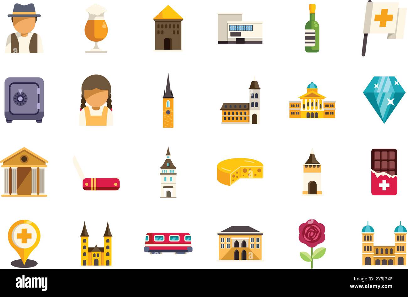Symboles traditionnels suisses comprenant des monuments célèbres, de la nourriture et des personnes portant des vêtements traditionnels suisses Illustration de Vecteur